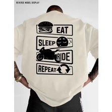 Unisex Oversize Baskılı Pamuklu Bisiklet Yaka Kısa Kollu Beyaz T-Shirt Gunluk Mod Moto