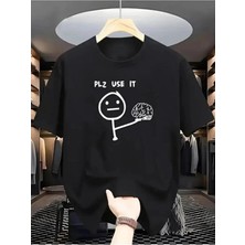 Unisex Oversize Baskılı Pamuklu Bisiklet Yaka Kısa Kollu Siyah T-Shirt Pls Use It