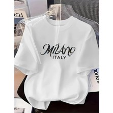 Unisex Oversize Baskılı Pamuklu Bisiklet Yaka Kısa Kollu Beyaz T-Shirt Gümüş Milano Italy