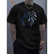 Unisex Oversize Baskılı Pamuklu Bisiklet Yaka Kısa Kollu Siyah T-Shirt Kaplan Figür