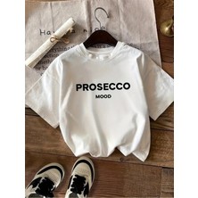 Unisex Oversize Baskılı Pamuklu Bisiklet Yaka Kısa Kollu Beyaz T-Shirt Prosecco