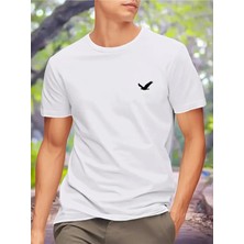 Unisex Oversize Baskılı Pamuklu Bisiklet Yaka Kısa Kollu Beyaz T-Shirt Minyatür Kuş