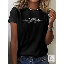 Unisex Oversize Baskılı Pamuklu Bisiklet Yaka Kısa Kollu Siyah T-Shirt Motor Nabız