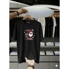 Unisex Oversize Baskılı Pamuklu Bisiklet Yaka Kısa Kollu Siyah T-Shirt Ho Ho Ho!