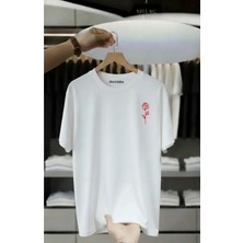 Unisex Oversize Baskılı Pamuklu Bisiklet Yaka Kısa Kollu Beyaz T-Shirt Sade Gül