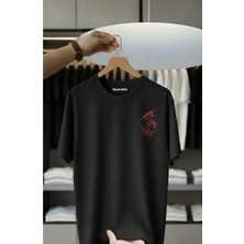 Unisex Oversize Baskılı Pamuklu Bisiklet Yaka Kısa Kollu Siyah T-Shirt Sivri Çiçek
