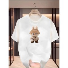 Unisex Oversize Baskılı Pamuklu Bisiklet Yaka Kısa Kollu Beyaz T-Shirt Şapkalı