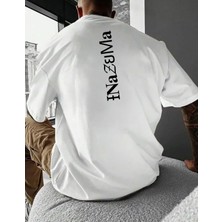 Unisex Oversize Baskılı Pamuklu Bisiklet Yaka Kısa Kollu Beyaz T-Shirt Inazb