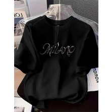 Unisex Oversize Baskılı Pamuklu Bisiklet Yaka Kısa Kollu Siyah T-Shirt Gümüş Milano Italy
