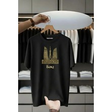 Unisex Oversize Baskılı Pamuklu Bisiklet Yaka Kısa Kollu Siyah T-Shirt Baki