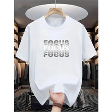 Unisex Oversize Baskılı Pamuklu Bisiklet Yaka Kısa Kollu Beyaz T-Shirt Focus