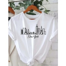 Unisex Oversize Baskılı Pamuklu Bisiklet Yaka Kısa Kollu Beyaz T-Shirt New York