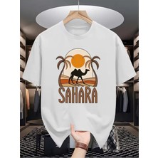 Unisex Oversize Baskılı Pamuklu Bisiklet Yaka Kısa Kollu Beyaz T-Shirt Sahara