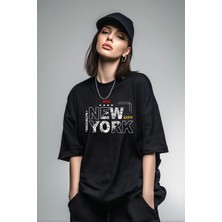 Unisex Oversize Baskılı Pamuklu Bisiklet Yaka Kısa Kollu Siyah T-Shirt New York City