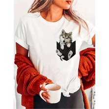 Unisex Oversize Baskılı Pamuklu Bisiklet Yaka Kısa Kollu Beyaz T-Shirt Cep Kurt