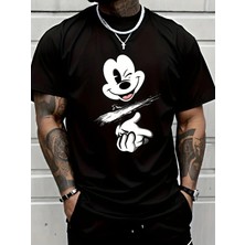Unisex Oversize Baskılı Pamuklu Bisiklet Yaka Kısa Kollu Siyah T-Shirt Mickey