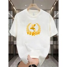 Unisex Oversize Baskılı Pamuklu Bisiklet Yaka Kısa Kollu Beyaz T-Shirt Taraftar 5 Yıldız