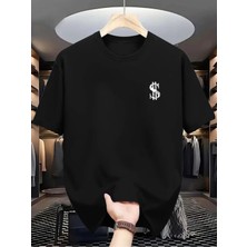 Unisex Oversize Baskılı Pamuklu Bisiklet Yaka Kısa Kollu Siyah T-Shirt Dolar