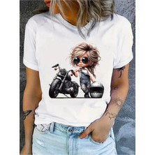 Unisex Oversize Baskılı Pamuklu Bisiklet Yaka Kısa Kollu Beyaz T-Shirt Motorlu Kadın