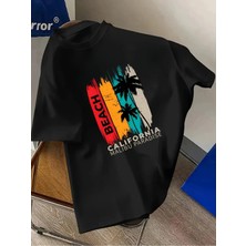Unisex Oversize Baskılı Pamuklu Bisiklet Yaka Kısa Kollu Siyah T-Shirt California Malibu Paradise