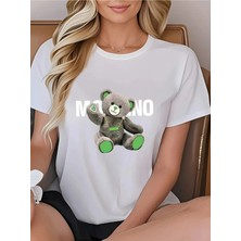 Unisex Oversize Baskılı Pamuklu Bisiklet Yaka Kısa Kollu Beyaz T-Shirt Morino Ayıcık