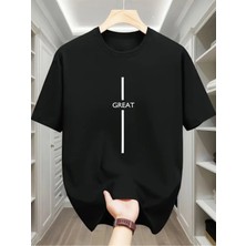 Unisex Oversize Baskılı Pamuklu Bisiklet Yaka Kısa Kollu Siyah T-Shirt Geat