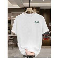 Unisex Oversize Baskılı Pamuklu Bisiklet Yaka Kısa Kollu Beyaz T-Shirt Smile