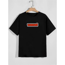 Unisex Oversize Baskılı Pamuklu Bisiklet Yaka Kısa Kollu Siyah T-Shirt Wasted