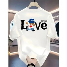 Unisex Oversize Baskılı Pamuklu Bisiklet Yaka Kısa Kollu Beyaz T-Shirt