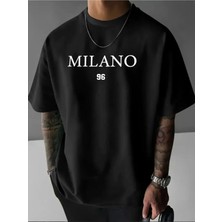 Unisex Oversize Baskılı Pamuklu Bisiklet Yaka Kısa Kollu Siyah T-Shirt Beyaz Milano 96