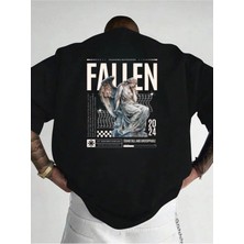Unisex Oversize Baskılı Pamuklu Bisiklet Yaka Kısa Kollu Siyah T-Shirt Fallen Inazuma