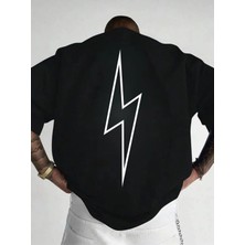 Unisex Oversize Baskılı Pamuklu Bisiklet Yaka Kısa Kollu Siyah T-Shirt Yıldırım Stil