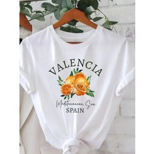 Unisex Oversize Baskılı Pamuklu Bisiklet Yaka Kısa Kollu Beyaz T-Shirt Valencia