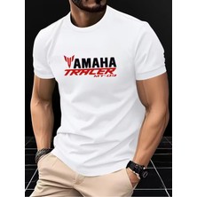 Unisex Oversize Baskılı Pamuklu Bisiklet Yaka Kısa Kollu Beyaz T-Shirt Yamaha Tracer mt 09
