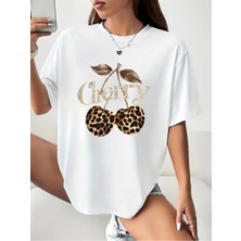 Unisex Oversize Baskılı Pamuklu Bisiklet Yaka Kısa Kollu Beyaz T-Shirt Cherry Desenli