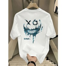 Unisex Oversize Baskılı Pamuklu Bisiklet Yaka Kısa Kollu Beyaz T-Shirt Cyac.