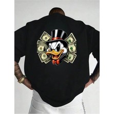 Unisex Oversize Baskılı Pamuklu Bisiklet Yaka Kısa Kollu Siyah T-Shirt Patron Duck