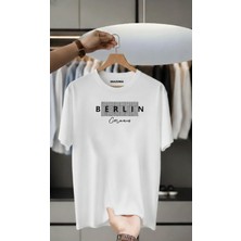Unisex Oversize Baskılı Pamuklu Bisiklet Yaka Kısa Kollu Beyaz T-Shirt Berlin