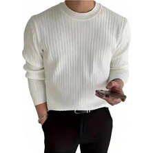 Tarz Cool Erkek Slim Fit Triko Kazak Beyaz Renk Bisiklet Yaka Uzun Kol Casual Stil