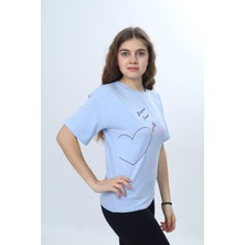 Toontoy Kız Çocuk Bisiklet Yaka Düşük Omuz Kısa Kollu Kalp Nakışlı Baskılı Tişört  24969