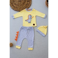 Diji Baby 3-6 6-9 9-12 Ay Minik Dino Nakışlı Şapkalı Uzun Kollu Sweat 3lü Kız-Erkek Bebek Takımı