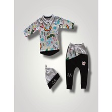 Diji Baby 6-9 12-18 18-24 Ay Power Kedi Nakışlı Uzun Kollu Sweat Şapkalı  3lü Kız Erkek Bebek Takımı