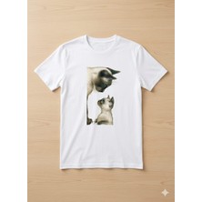 Alza Design Sevimli Kedi Tasarımlı Beyaz Tişört - Hayvanseverlere Özel Pamuklu Unisex