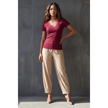 Madmext Bordo V Yaka Dantelli Slim Fit Kadın Tişört MG2683