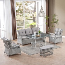 EVDEMO Paris Rattan Puflu Bahçe Balkon Takımı 3+1+1 Cam Masalı Gri