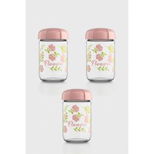 Renga Rhea 660 ml Flower Desenli 3'lü Cam Kavanoz Seti 132006 Pembe