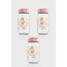 Renga Rhea 1000 ml Flower Desenli 3'lü Cam Kavanoz Seti 132007 Pembe