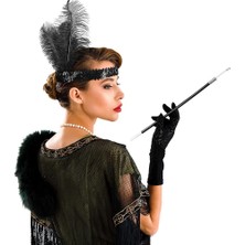 Zenvia 1920'LER Gatsby Aksesuar Seti – Siyah Charleston Saç Bandı &amp; Sigaralık