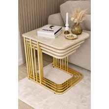 Başaran Mobilya Traverten Metal Gold  Tekerlekli Traverten 4 Lü  Zigon Sehpa