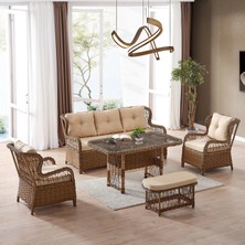 EVDEMO Paris Rattan Puflu Bahçe Balkon Takımı 3+1+1 Cam Masalı Kahve